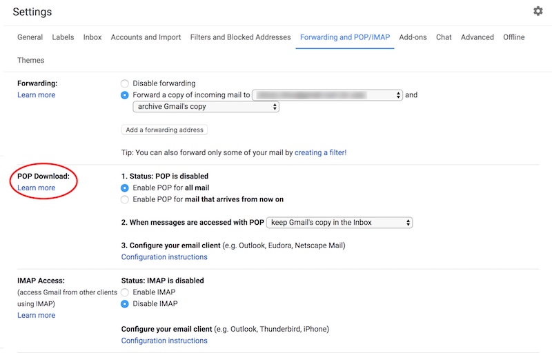 開啟：對所有郵件啟用POP功能(包括已經下載的郵件)